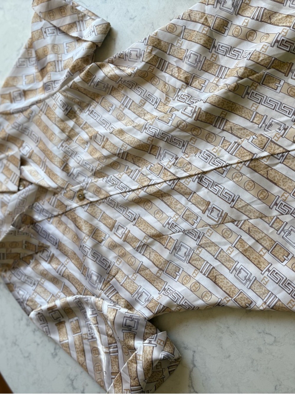 Short-Sleeve Button-Up blouse  in White and Tan - Picture 3 of 7
